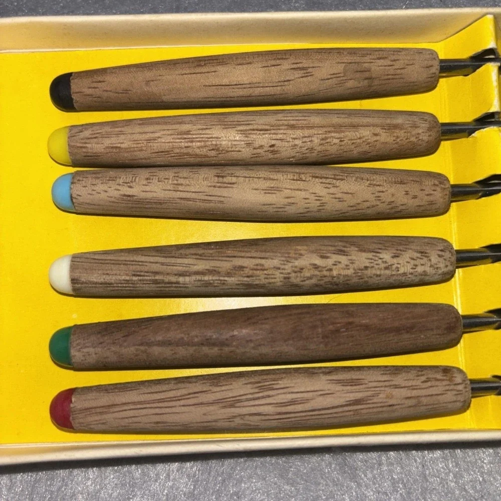 Vintage Fondue Forks 6pc Set Stainless Steel Teak Coded Handles w/Box ~Japan
